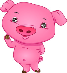 cute baby pig cartoon waving on a white background