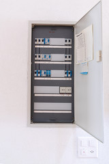 close up view of a Weber and Hager fusebox in a modern apartment building