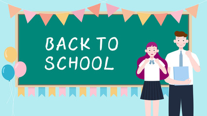 Wellcome back to school.Classroom is decorated with colourful balloons and flags, students are raising their fists up to cheer in front of the blackboard.Educational vector illustration.	