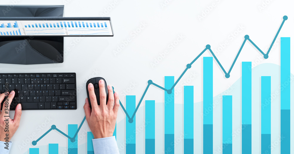 Poster Business analysis and calculating. Top view of business man using spreadsheet. Blue graphs and desktop computer.