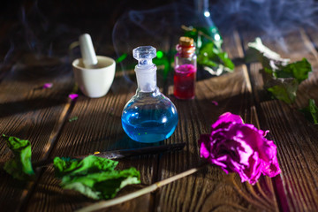Witchcraft. Witch doctor desk table. Magic potion. ALternative medicine concept. Divination, love...