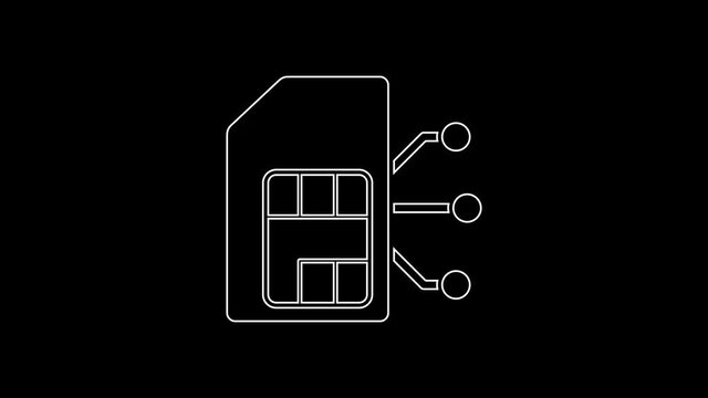 White line Sim card icon isolated on black background. Mobile cellular phone sim card chip. Mobile telecommunications technology symbol. 4K Video motion graphic animation