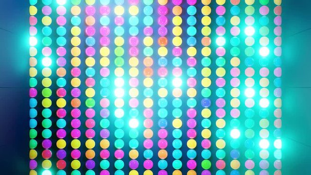 Abstract composition of colorful balls in plane, which randomly light up and reflect in each other. Multicolored spheres like leds as simple geometric dark background with light effects.