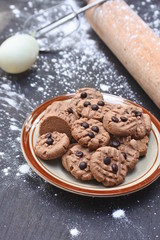 Closeup of chocolate chip cookies. Tasty sweet biscuit chocolate pastry. Choco chip cookies