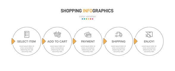 Concept of shopping process with 5 successive steps. Five colorful graphic elements. Timeline design for brochure, presentation, web site. Infographic design layout.