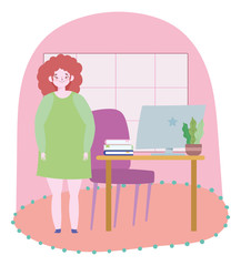 working remotely, woman standing in room with computer desk and chair