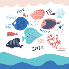 Fototapeta premium Fish icons set with tropical sea elements in cartoon style. Vector illustration
