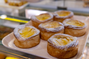 Baked donut with yellow custard in the center