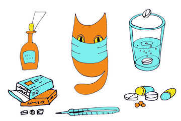 ginger cat in a medical mask with the attributes of the disease around. set of graphic elements
