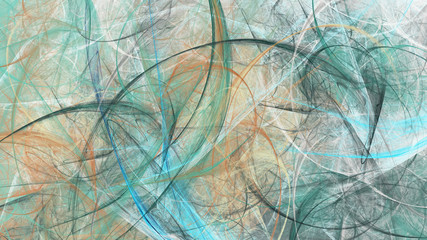 Abstract green and brown chaotic lines. Colorful fractal background. Digital art. 3d rendering.