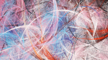 Abstract blue and red chaotic lines. Colorful fractal background. Digital art. 3d rendering.