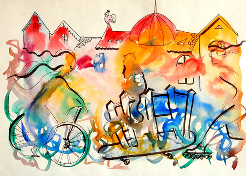 red cat, old town and transport for him - bike, scooter, rollers. watercolor drawing.