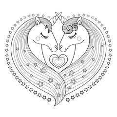 couple of unicorns in love. . Heart shaped composition. Black and white. Vector illustration.