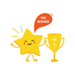 Cartoon style vector shining star character celebrating triumph, holding trophy cup in hand.
