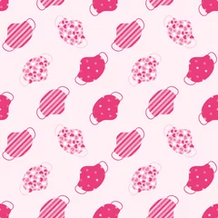 Foto auf Glas Pink cloth masks, sheet masks for face with different ornaments vector seamless pattern backround.  © cosmic_pony