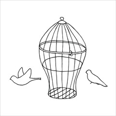 Isolated on white background cage and birds Stock illustration, vector, hand drawing, design element for printing, scrapbooking, postcard