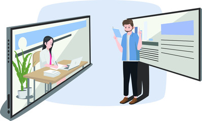 Obraz premium A man is doing online class with his woman teacher