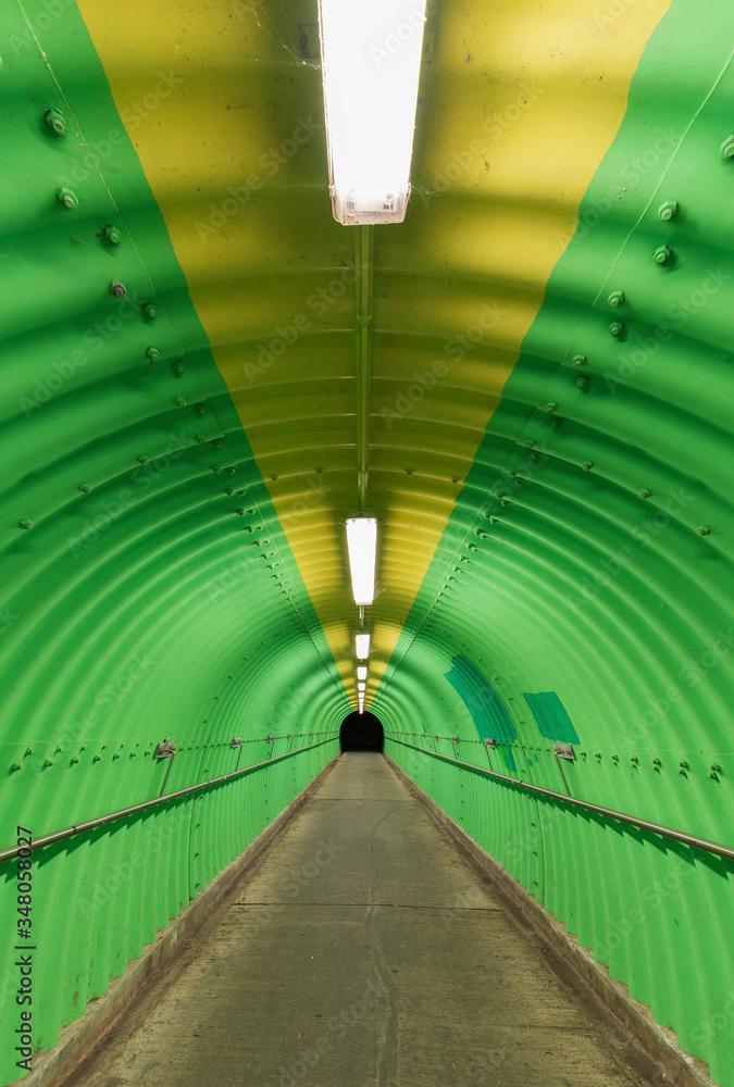Poster empty pedestrian tunnel at night. architecture abstract background