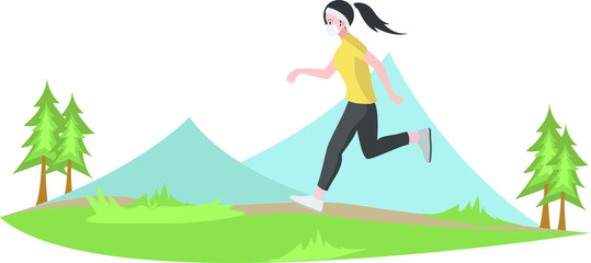 A woman running alone outside while using medical mask