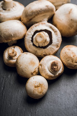 Freshly harvested mushrooms on the rustic wooden background. Selective focus. Shallow depth of field.
