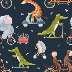 Behang Dieren onderweg Prachtige vector naadloze patroon voor kinderen met aquarel hand getekende schattige dieren op vervoer. Voorraad illustratie.