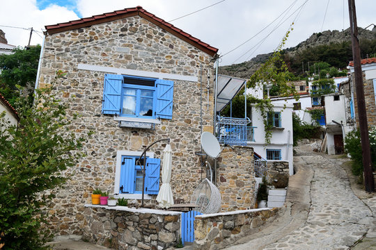 traditional houses in the Chora town - capital town of aegean Samothraki island, Greece, Aegean Sea