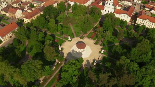 BJELOVAR, CROATIA - June 2, 2019: Aerial view of the downtown city center with a park on a square Trg Eugena Kvaternika and Cathedral of Teresa of Avila