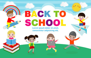 Back to school vector banner design with happy kids, poster background cover book, web, flyer, banner and template. Ready for your message, Funny cartoon kids character. Vector illustration