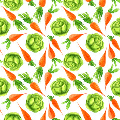 Seamless pattern of orange, watercolor carrots with green tops, and cabbage on a white background. Garden vegetables, children's illustration.