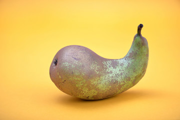 ugly fruit .  a ripe green pear with an ugly shape on a bright yellow background .