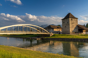 Historical Grynau along the shores of the Linth river and canal at the head of the Upper Zurich Lake (Obersee), St. Gallen, Switzerland