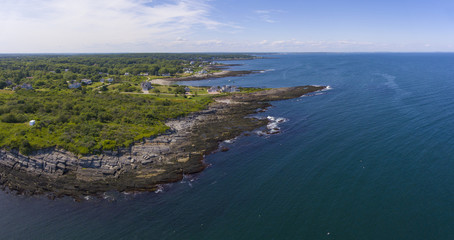 Fototapeta na wymiar Rocky coast aerial view at the south end of Casco Bay in town of Cape Elizabeth, Maine ME, USA. 