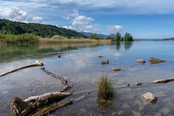 Gorgeous lake shore landscapes at the head of the Upper Zurich Lake (Obersee) near the mouth of Linth river and canal , St. Gallen, Switzerland
