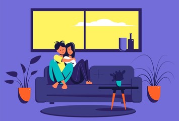 Loving couple sitting on the sofa at home. Husband and wife are resting at home. Flat vector illustration.