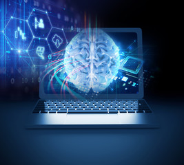 3d illustration of human brain on laptop screen.