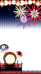花火と夏祭り大太鼓に紅白の輝く提灯と祭りのうちわのイラストワイドサイズ縦スタイル背景素材