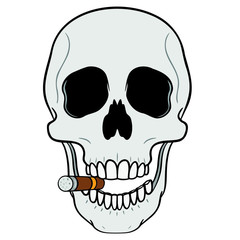 gray laughing skull with cigar in the corner of his mouth. white background, comic.