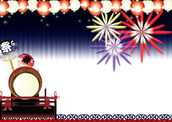 花火と夏祭り大太鼓に紅白の輝く提灯と祭りのうちわのイラスト横スタイル背景素材