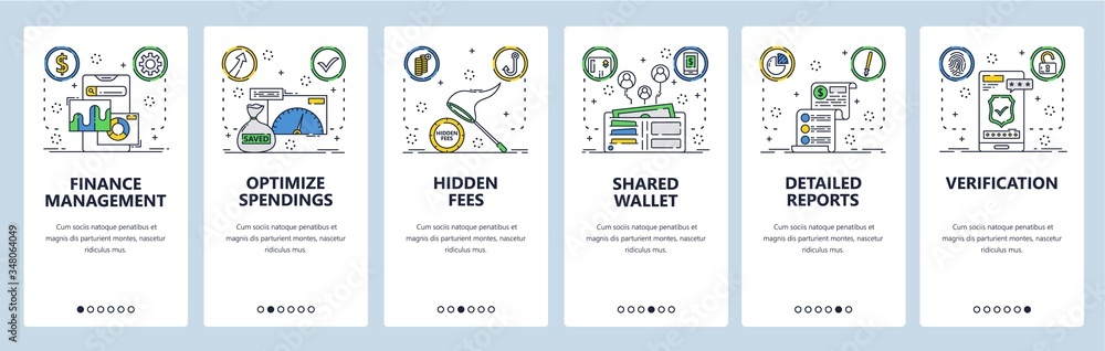 Poster finance website and mobile app onboarding screens vector template