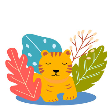 The image of a cute cartoon tiger cub on a background of blue, red, green leaves. Vector graphics for the design of postcards, prints on pillows, covers, packages, wrapping paper