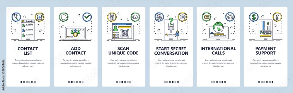 Poster contacts website and mobile app onboarding screens vector template