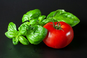 wet red tomato and green basil leaves