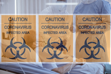 3 Caution sign in front of quarentine room with background of patient and medical team from covid19 or coronavirus concept
