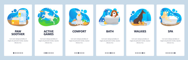 Pet hotel website and mobile app onboarding screens vector template