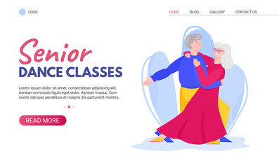 Senior dance classes ad banner with happy old couple ballroom dancing