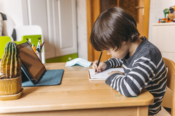 Fototapeta na wymiar Distance learning for children during the coronavirus epidemic. A boy sits at a table and performs tasks of a teacher on the Internet.