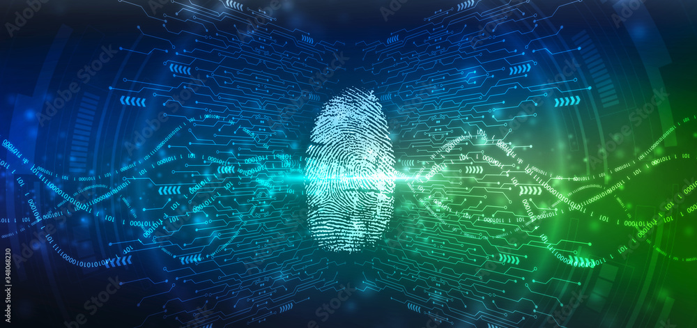 Poster fingerprint scanning identification system. biometric authorization and business security concept, f