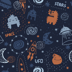Seamless cute space pattern. It is good for baby clothes, baby bedding, wallpapers, notebook covers, etc.