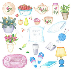 Set with watercolor illustrations in themes COZY HOME