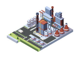 Industrial factory built. A concept of an industrial working plant with full storage facilities, arriving trucks, chimney tower chimney and crane. Production engineering scheme. Vector flat style.